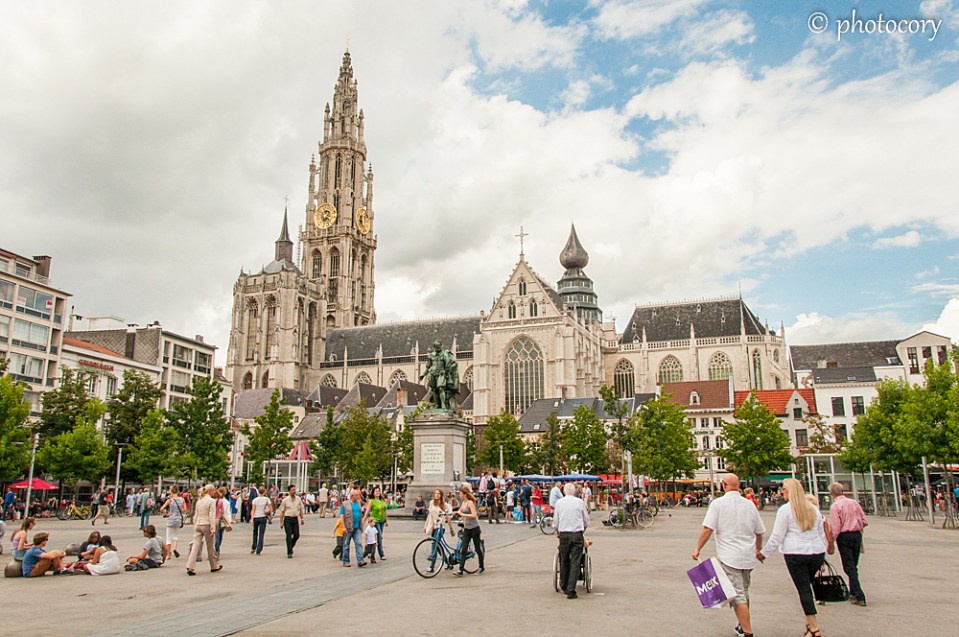 Cathedral of our Lady and statue of Rubens, view from the Groenplaats