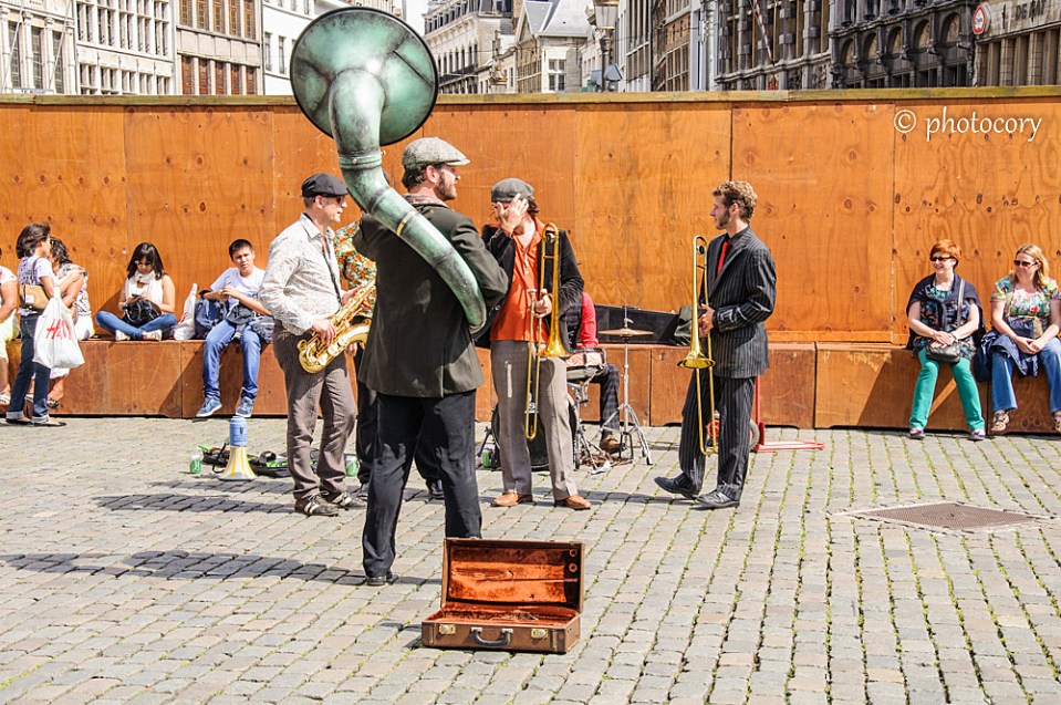 Street musicians in Antwerp, with a peculiar trumpet