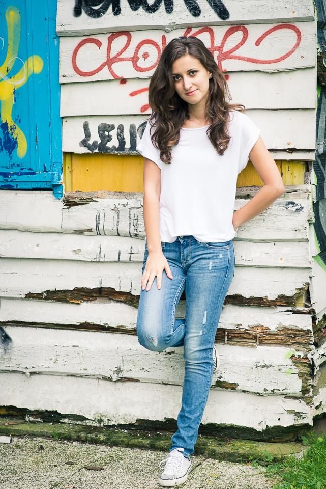 portrait photo white blouse jeans