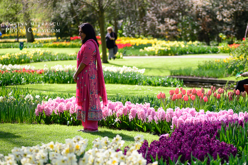 indian lady and flowers at keukenhof in holland